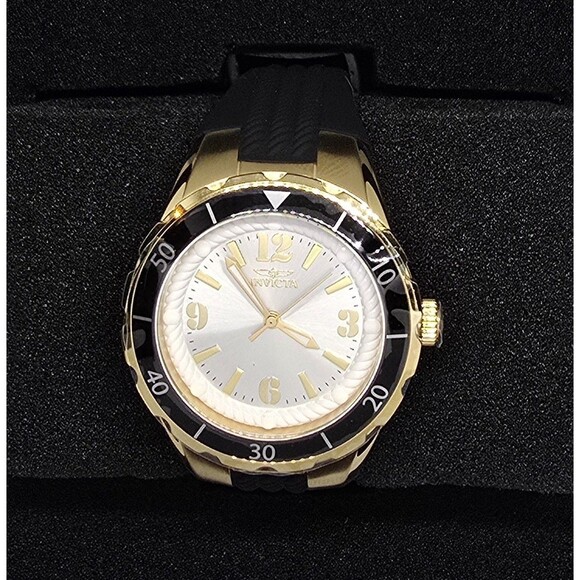 Invicta Accessories - Invicta Women's Watch Angel Quartz Gold Tone Dial Black Silicone Strap 48852